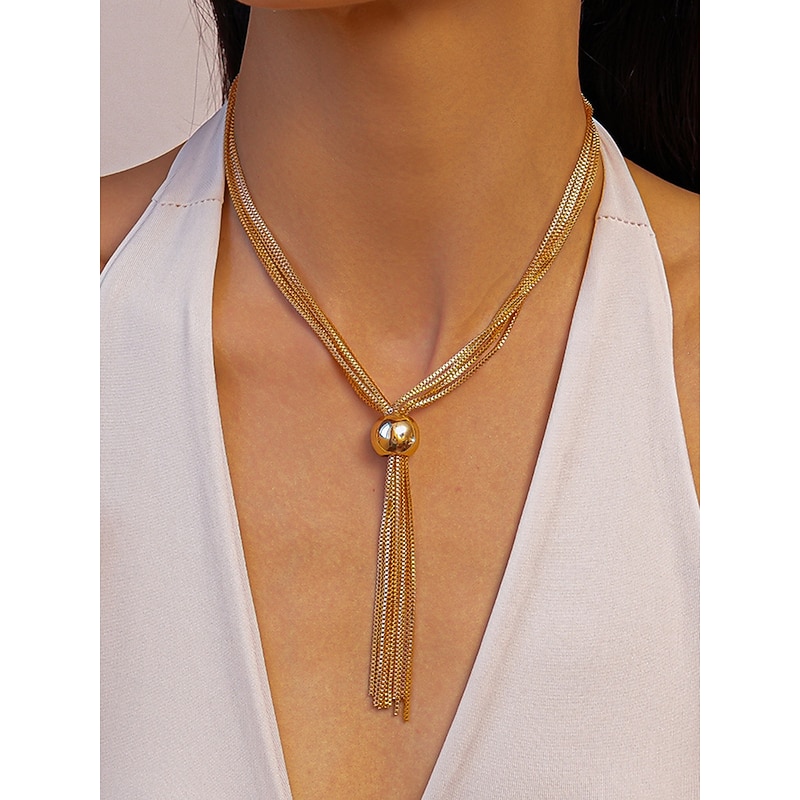 Women's Gold Tassel Pendant Necklace - Multi-Strand Chain Choker with Polished Bead Accent for Evening Wear and Party Outfits