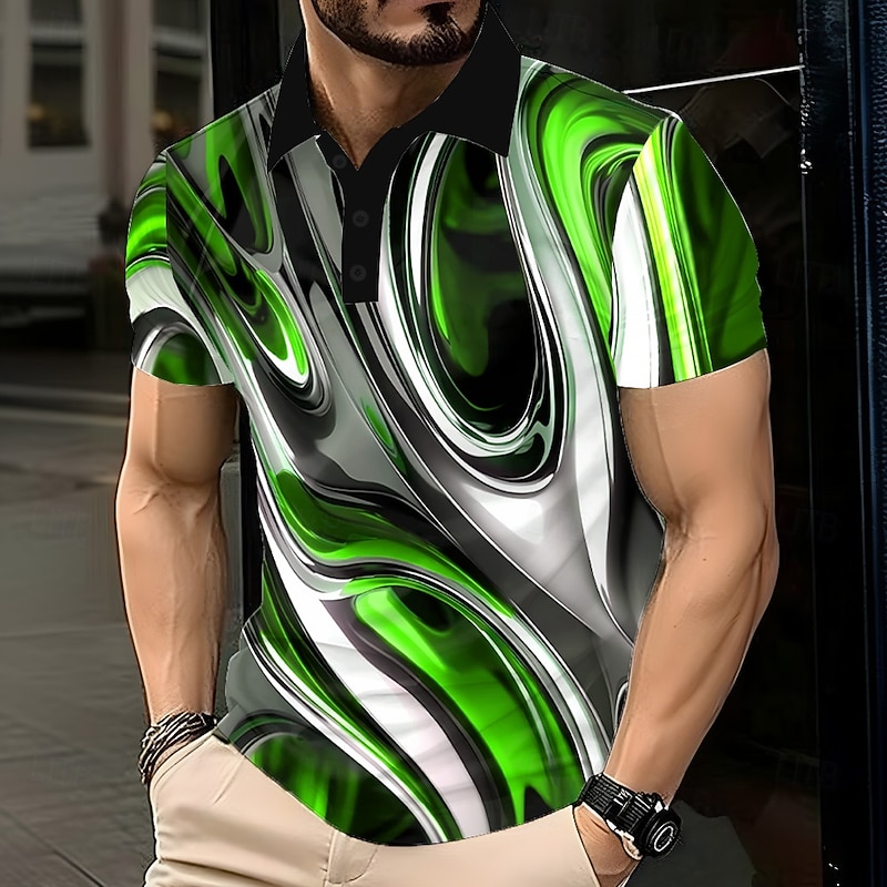 Men's Abstract Geometic Polo Short Sleeve Polo Shirts Lapel Casual Athleisure Daily Wear 3D Print Buttons Summer Red Purple Green3