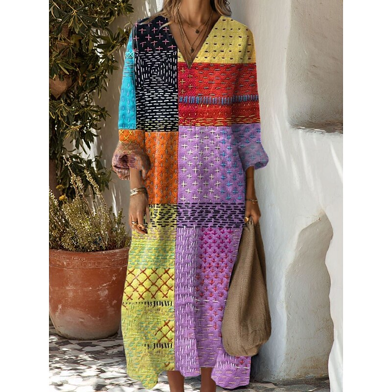 Women's Maxi Dress Sundress A Line Dress Vacation Casual Boho Party Holiday Beach Regular Fit Floral Graphic Geometric Long Sleeve V Neck Black Pink Red Blue Summer Spring Fall
