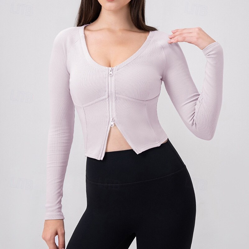 Women's Activewear Crew Neck Breathable Full Zip Long Sleeve Sports Solid Color Top For Gym Athletic Sports Activewear4