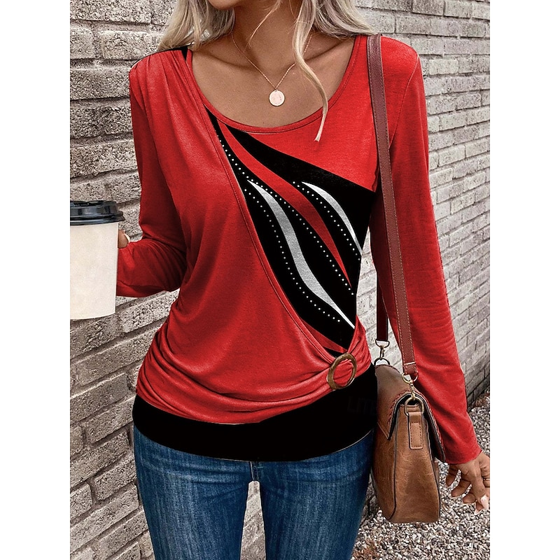 Women's T Shirt Graphic Geometric Abstract Fashion Stylish Casual Long Sleeve Crew Neck Regular Tops Daily Patchwork Print Asymmetrical Pink Red Blue Green Summer Fall Winter