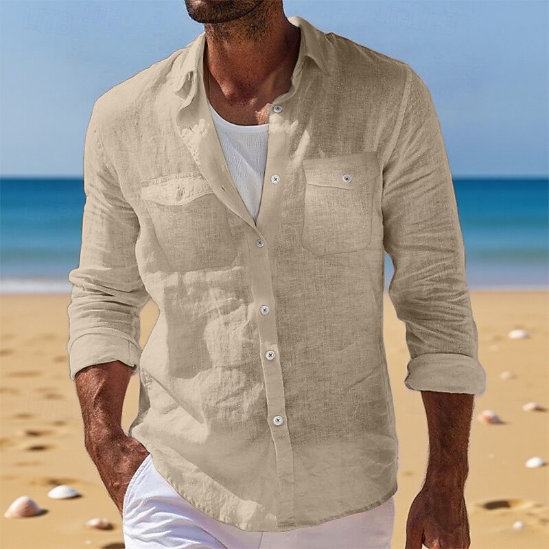 Men's Shirt Linen Shirt Summer Shirt Beach Wear Button Up Shirt Cargo Shirt Solid Color Vacation Holiday White Blue Green Khaki Long Sleeve Lapel Summer Clothing Apparel Pocket4