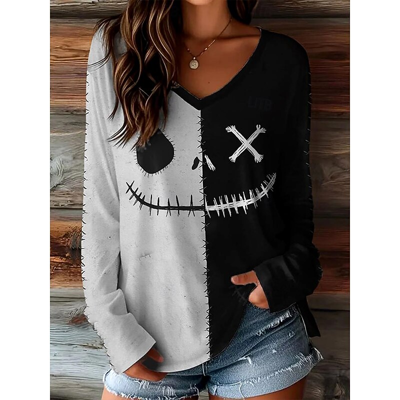Halloween Women's T shirt Monster Graphic Skull Pumpkin Vintage Stylish Casual Long Sleeve V Neck Regular Tops Daily Weekend Print Black Spring Fall Winter
