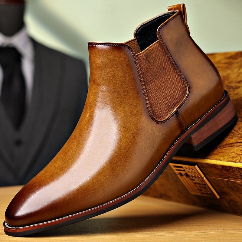 Men's Brown Leather Chelsea Boots Slip-On Ankle Dress Shoes – Classic Business Casual Footwear for Office, Wedding and Formal Occasions