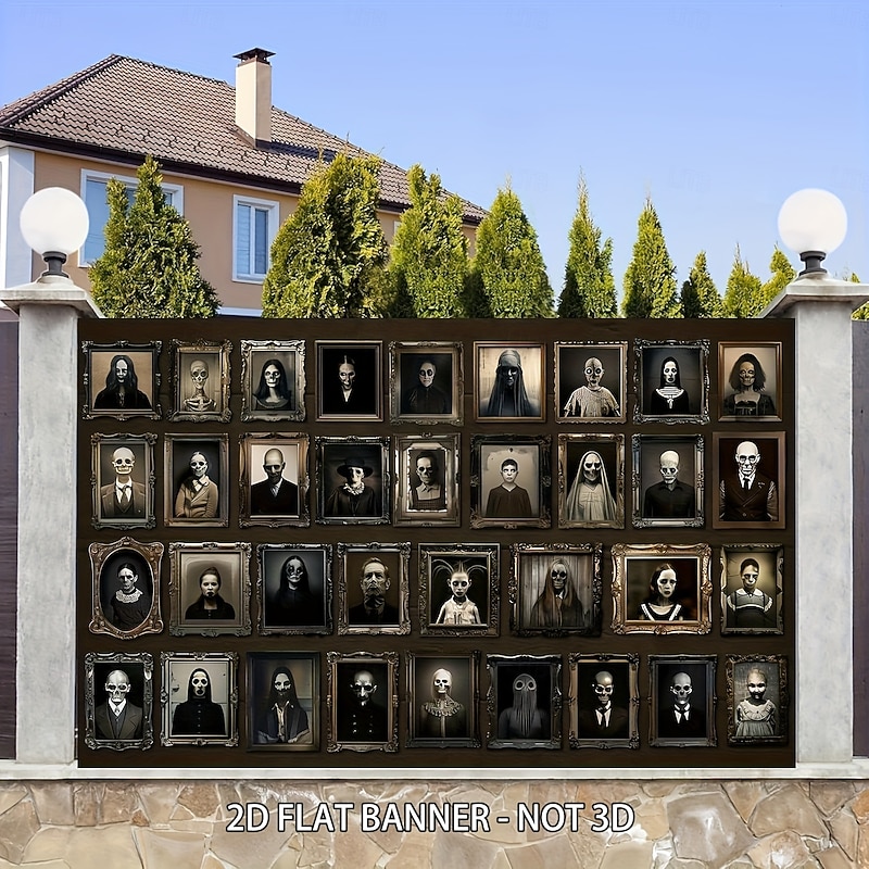 Haunted Family Portrait Gallery Garage Door Cover – Gothic Halloween Decoration for Outdoor Spooky Vibes - Main Image
