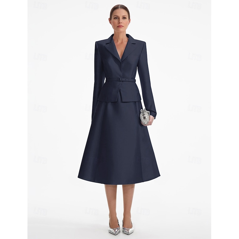 Tuxedo Dress A-Line Formal Wedding Guest Satin Elegant Long Sleeve Tea Length Notched Lapels4