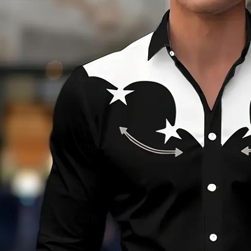 Men's Star Shirt Western Shirt Cowboy Shirt Long Sleeve Vintage Retro Outdoor Vacation Spring Fall Turndown 3D Print Linen Like Shirt Black 1 Black3