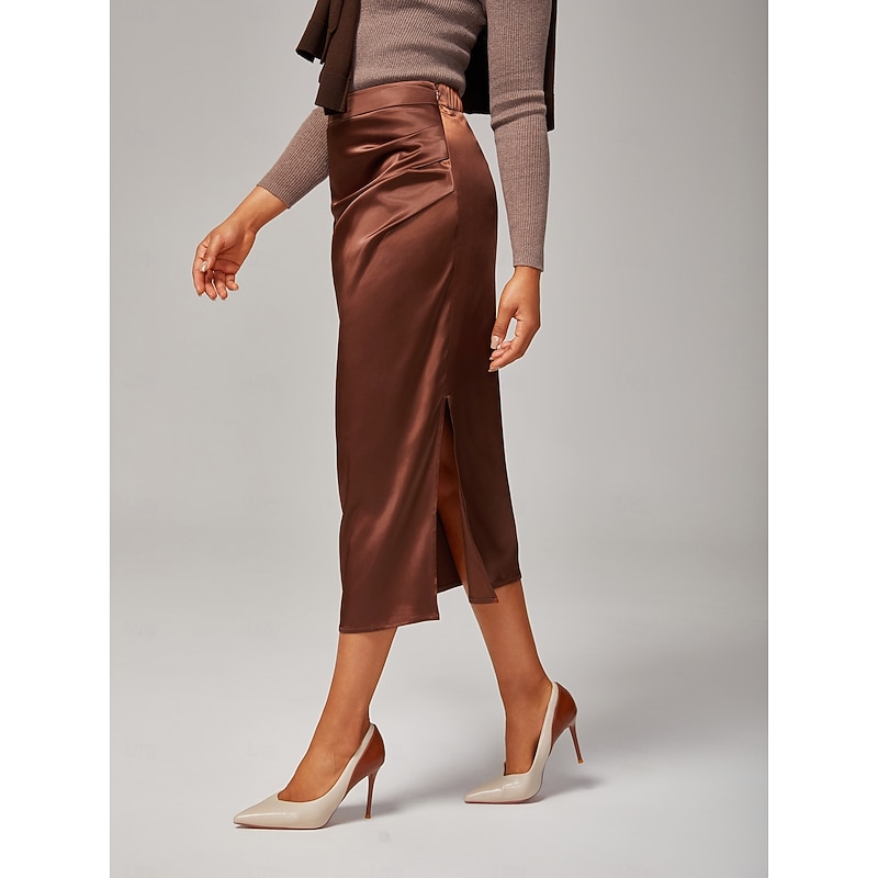 Women's Stretch Pearlescent Satin Elastic Waist Midi Skirt Elegant Office & Party Wear4