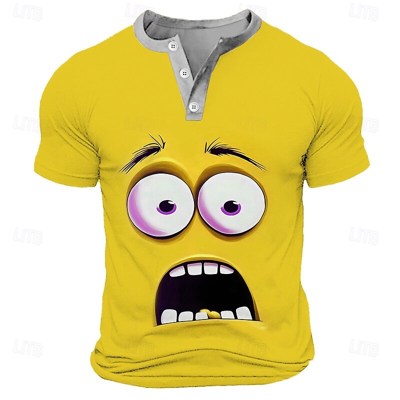 Men's Cartoon Human face T Shirt Henley Shirt Short Sleeve Designer Retro Vintage Casual Street Casual Daily Summer Spring Yellow Green Red Blue Purple Henley Henley T-Shirt3