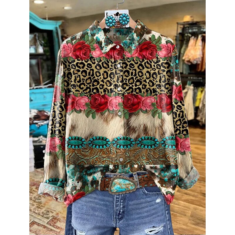 Women's Shirt Graphic Geometric Elegant Bohemia Daily Long Sleeve Shirt Collar Regular Tops Work Daily Buttons Print Yellow Red Blue Brown Green Spring Fall Winter2