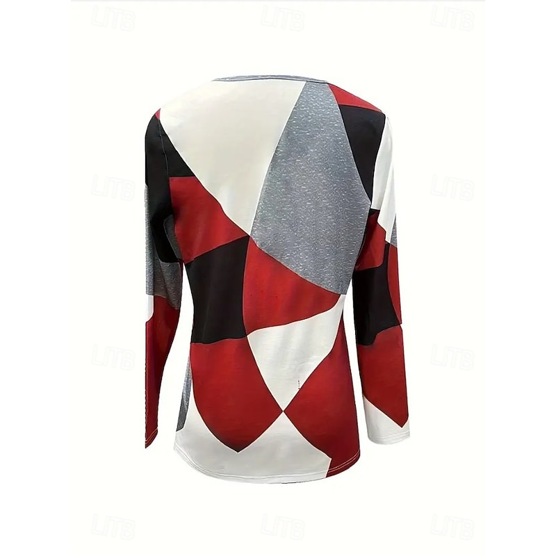 Women's T Shirt Graphic Geometric Striped Vintage Stylish Classic Long Sleeve V Neck Notched Neck Regular Tops Daily Weekend Print Red Blue Orange Gray Spring Fall Winter2