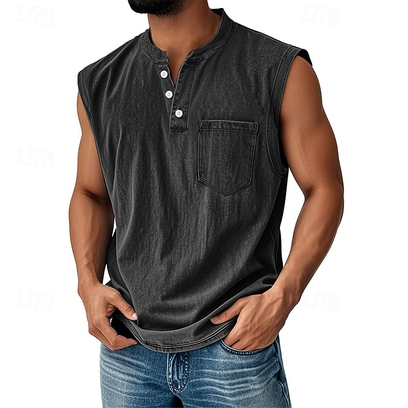 Men's Tank Top Vest Top Undershirt Sleeveless Shirt Cotton Sleeveless Henley Summer Plain Fashion Designer Basic Pocket Buttons Vacation Street Going out Black Light Green Pink Top Tee for Men2