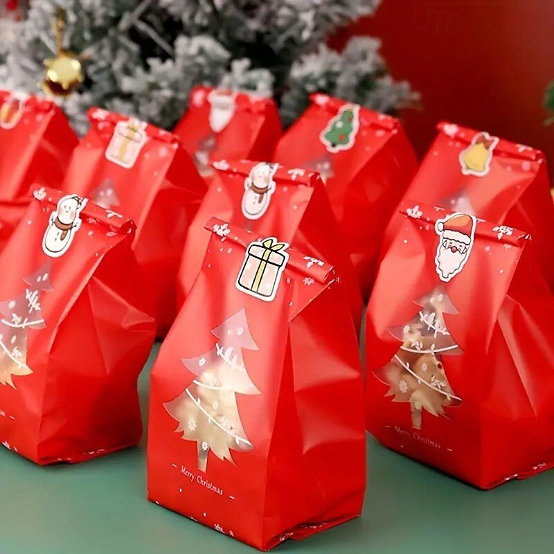 50PCS Christmas Plastic Gift Bag - Mixed Color with Snowflake and Christmas Tree Patterns Reusable Holiday Party Decoration Christmas Package Gift Supplies Christmas Decorations Stickers Not Included2