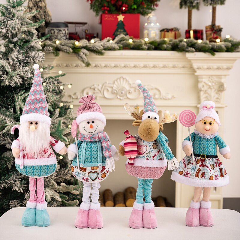 Christmas Pink Telescopic Santa and Snowman Figurines, Adjustable Height Xmas Ornaments for Table, Shelf, and Window Display Holiday Decorations