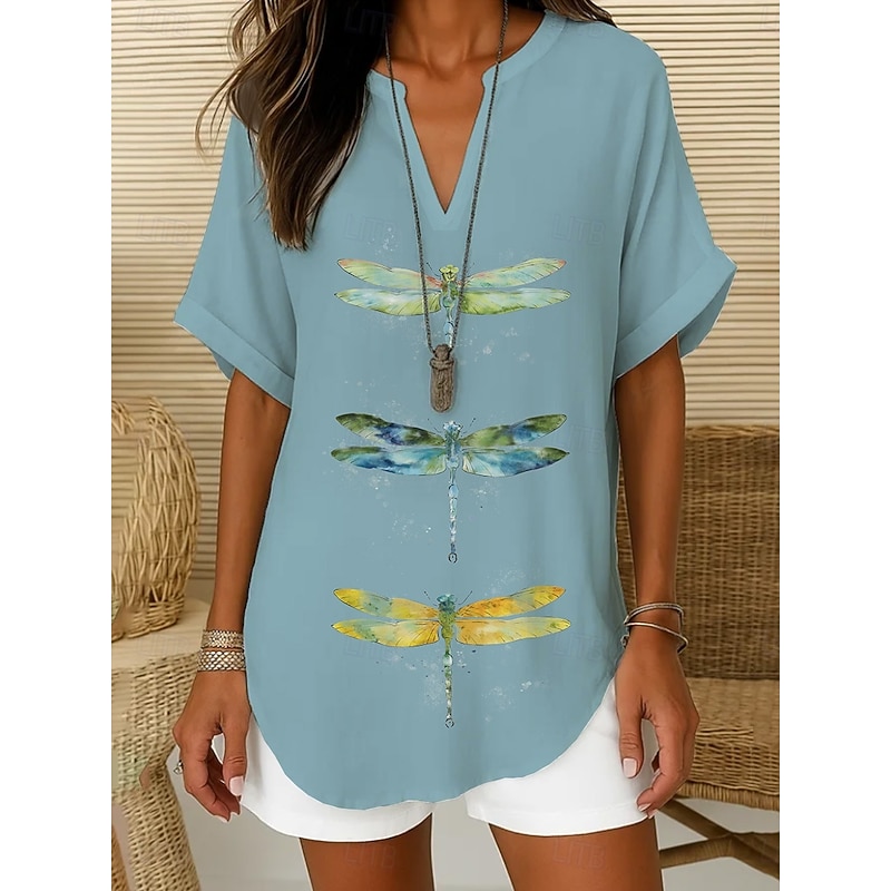 Women's Boho Shirt Graphic Animal Dragonfly Bohemia Vintage Daily Sleeveless Short Sleeve V Neck Regular Tops Daily Holiday Semi Formal White Light Green Royal Blue Blue Purple Summer Spring2