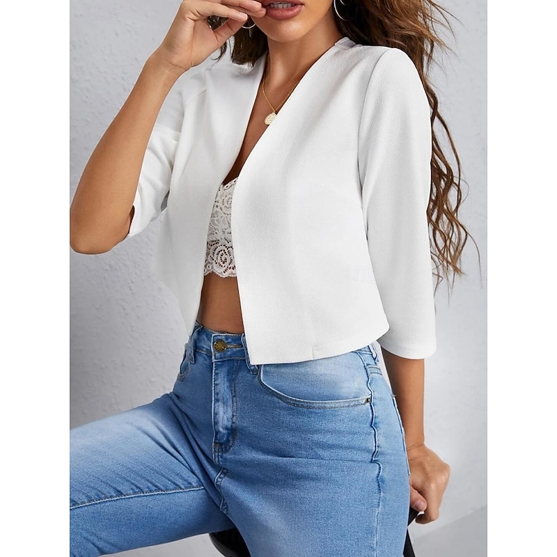 Women's Casual Jacket Comfortable Breathable Open Front Casual Plain Vacation Street Casual Daily Wear Open Front Short V Neck Regular Fit Long Sleeve Outerwear Navy Black White Summer Spring
