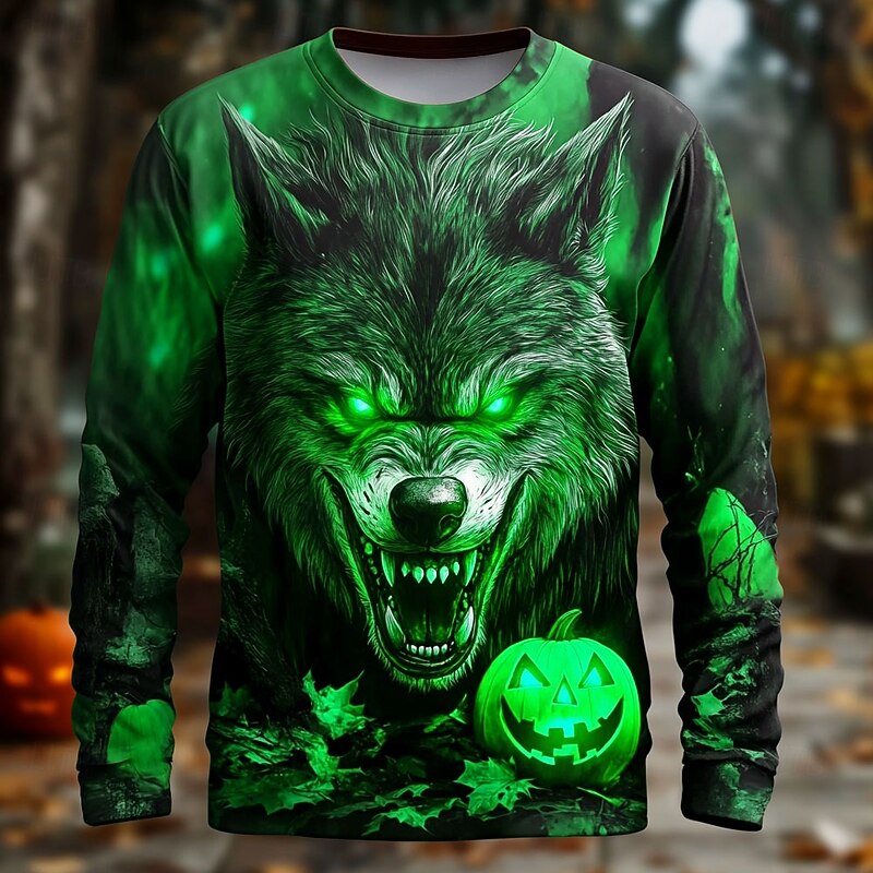 Halloween Men's 3D Werewolf T Shirt Long Sleeve T shirt 3D Print Crew Neck Shirt Fashion Exaggerated Street Casual Daily Blue Purple Orange Summer Spring Fall Clothing Apparel S M L XL XXL XXXL3