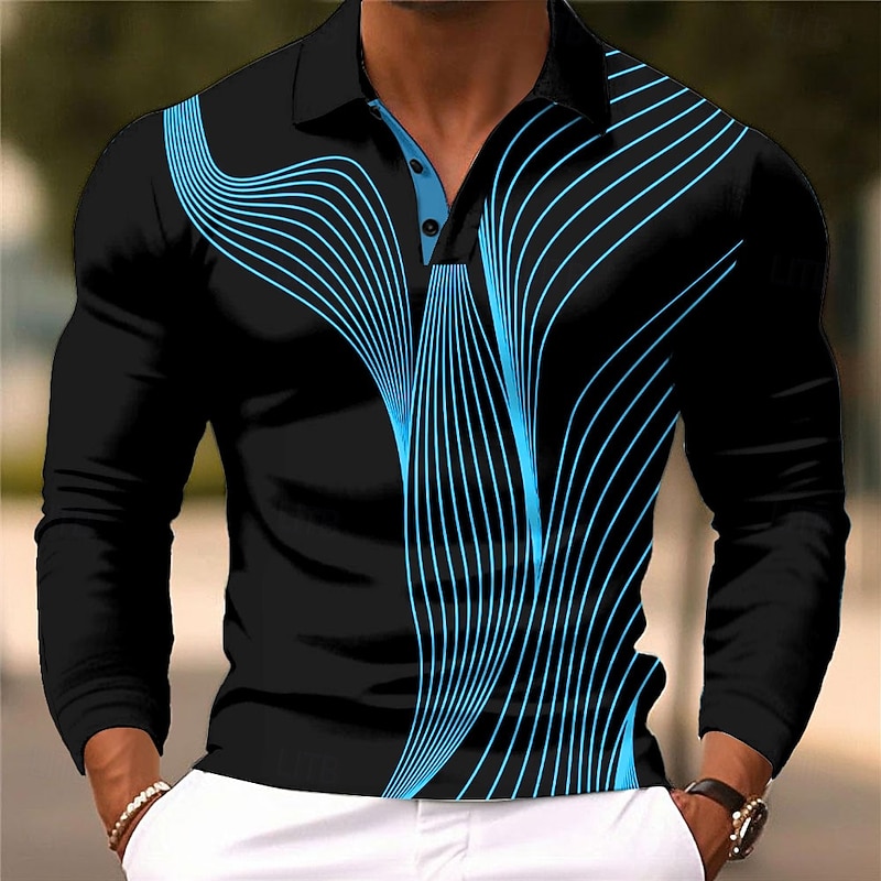 Men's Geometric Line Polo Long Sleeve Polo Shirts Lapel Casual Athleisure Daily Wear 3D Print Buttons Spring Fall Winter Black Blue Orange2