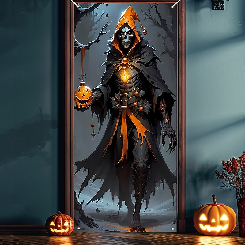 Halloween Door Cover Outdoor Banners Skeleton Scarecrow Psychedelic Dark Punk Gothic Style Party Outdoor Shooting Backgrounds Front Door Wall Porch Home Decor4