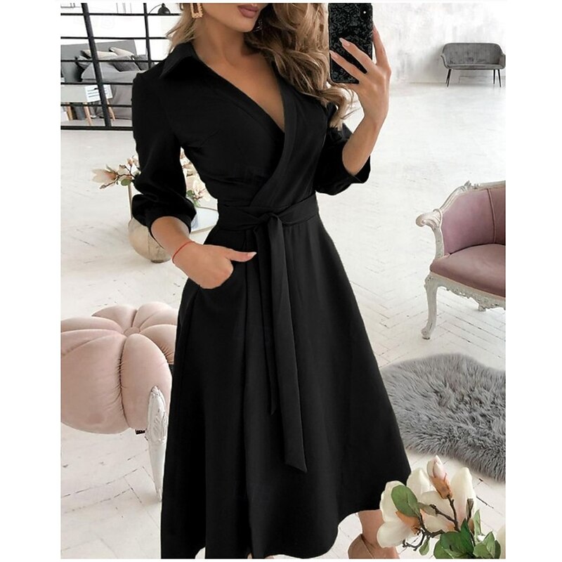Women's Midi Dress Blazer Dress Sheath Dress Wrap Dress A Line Dress Party Cocktail Semi Formal Vacation Party Wedding Guest Regular Fit Long Sleeve V Neck Black Red Green Apricot Summer Fall Winter3