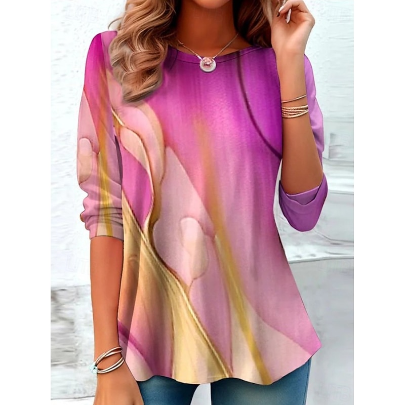 Women's T Shirt Graphic Elegant Vintage Stylish Long Sleeve Crew Neck Round Neck Regular Tops Daily Going out Weekend Print White / Black Black Pink Green Summer Spring Fall Spring, Fall, Winter3