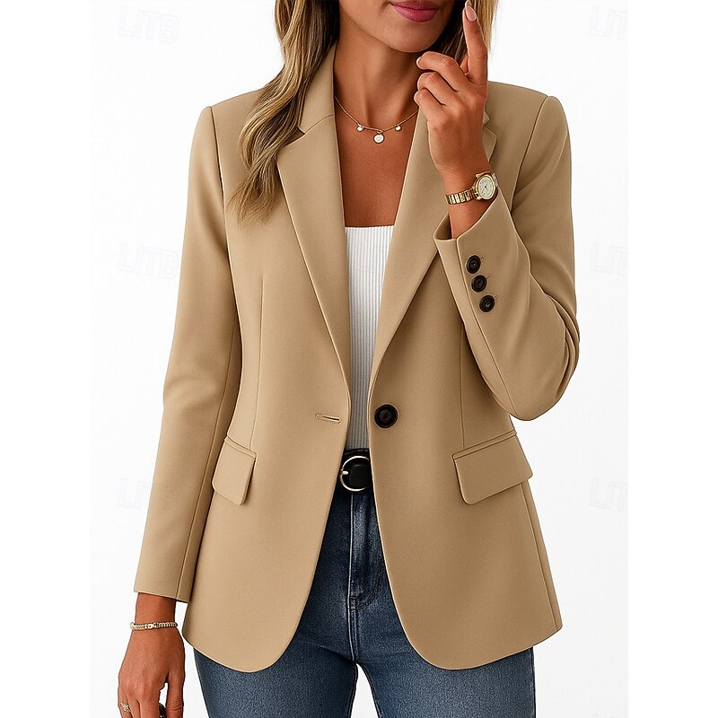 Women's Blazer Comfortable Breathable Pocket Casual Plain Office Street Casual Daily Wear Single Breasted Regular Turndown Regular Fit Long Sleeve Outerwear Black Pink Khaki Summer Spring4