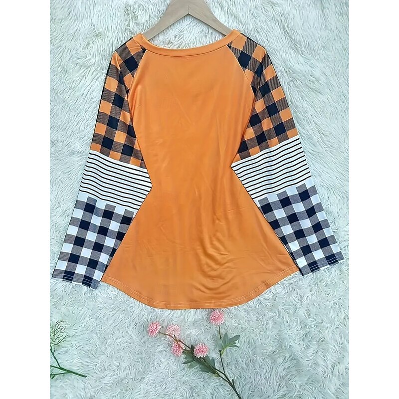 Halloween Women's T Shirt Skulls Graphic Geometric Pumpkin Vintage Stylish Classic Long Sleeve Crew Neck Round Neck Regular Tops Daily Print Pink Orange Spring Fall2