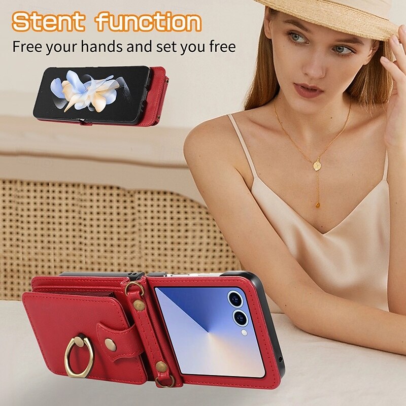 Phone Case For Samsung Galaxy Z Flip 7 Z Flip 6 Z Flip 5 Z Flip 4 Back Cover with Lanyard Kickstand Card Slot Retro TPU PU Leather2