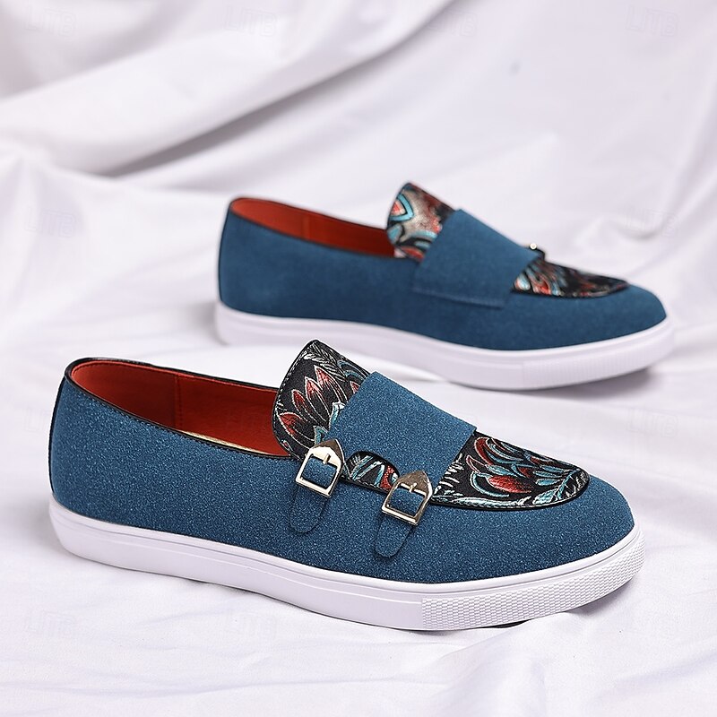 Men's Denim Double Monk Strap Loafers with Ethnic Print – Fashion Casual Slip-On Shoes for Urban Style, Parties and Spring Outfits3