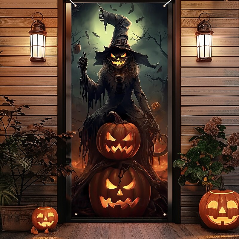 Halloween Door Cover Outdoor Banners Skeleton Pumpkin Scarecrow 3D Dark Punk Gothic Style Party Outdoor Shooting Backgrounds Front Door Wall Porch Home Decor4