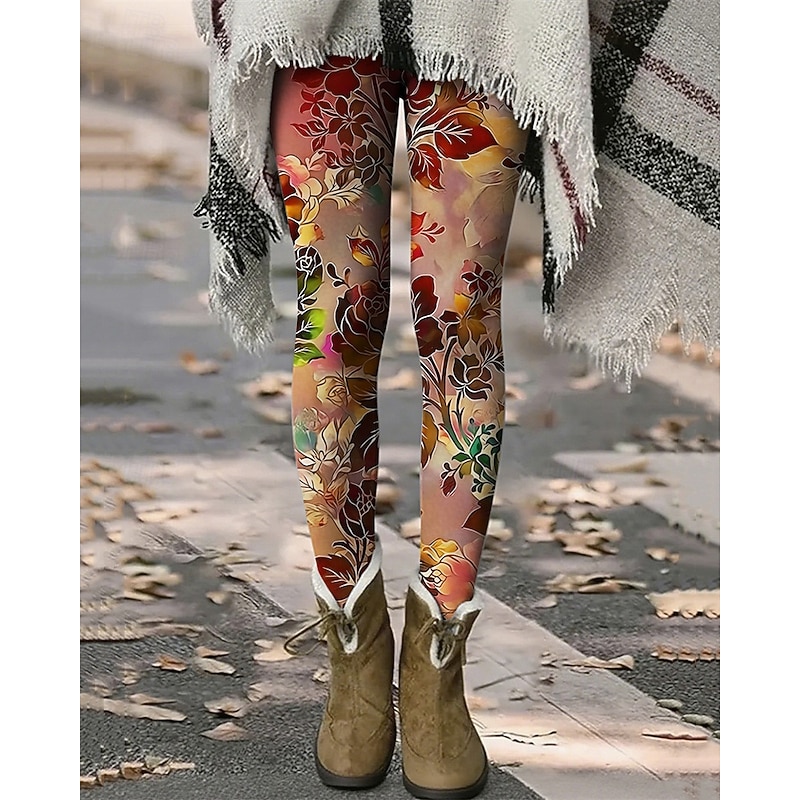 Women's Pants Trousers Leggings Cozy Leggings Streetwear Casual Full Length High Waist Floral Elastic Waist Print Breathability Comfortable Stretchy Vacation Street Daily Wear Red Blue Orange Green
