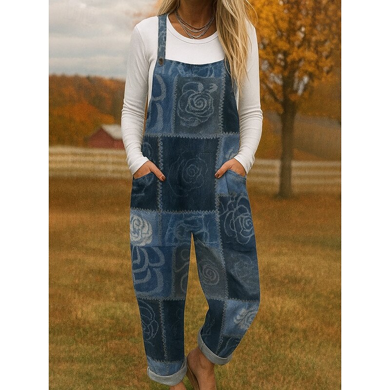 100% Cotton Women's Overall Lightweight Floral Sleeveless Sleeveless Straight Square Neck with Pocket Vacation Daily Loose Fit Navy Blue Blue Khaki Summer2