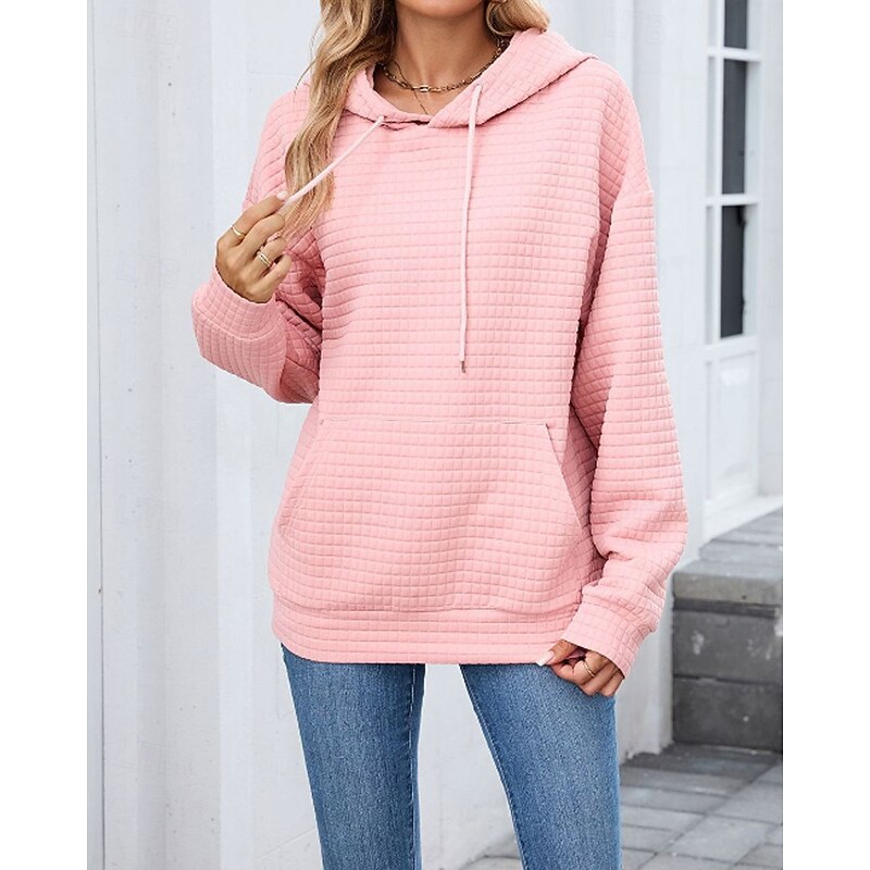 Women's Texture Blouse Pullover Hoodie Sweatshirt Plain Streetwear Casual Long Sleeve Hooded Regular Tops Street Holiday Going out Pocket Black Pink Brown Khaki Gray Fall
