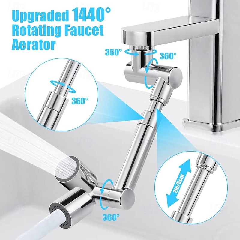 1440° Rotatable Faucet Aerator Extension, Solid Brass, 2 Spray Modes, Splash-Proof Swivel Water Tap Connector for Bathroom Sink2