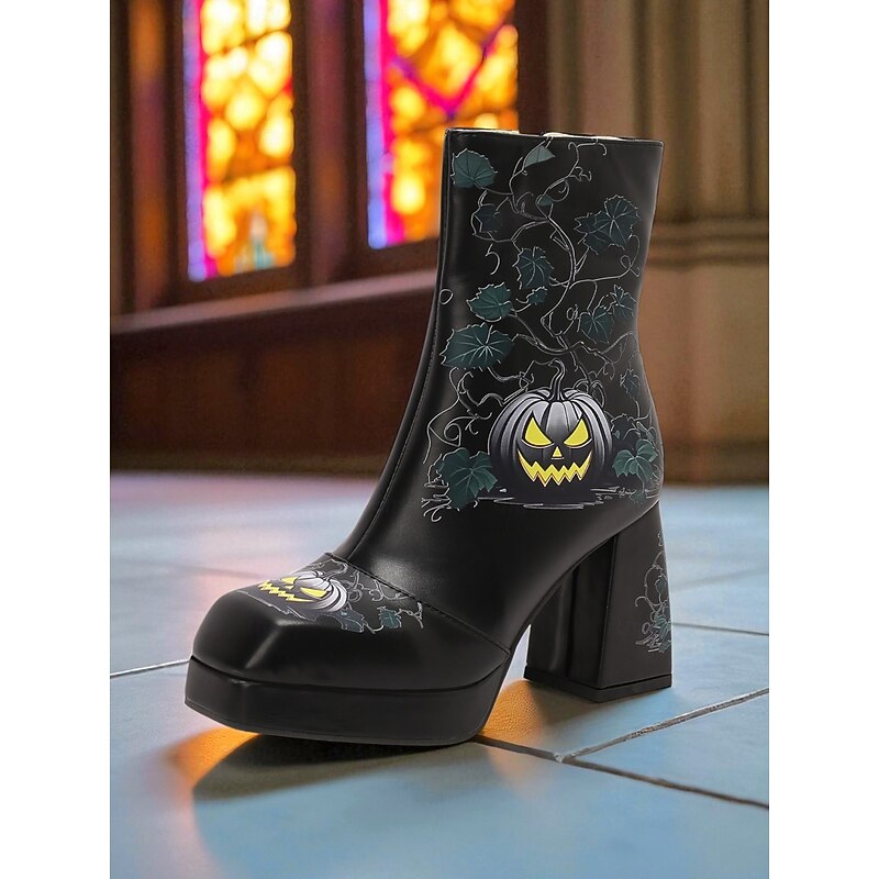 Women's Halloween Platform Ankle Boots – Black Faux Leather with Jack-O'-Lantern Print, Block Heels, and Side Zipper, Spooky Gothic Style for Costume Parties, Themed Events and Trick-or-Treating4