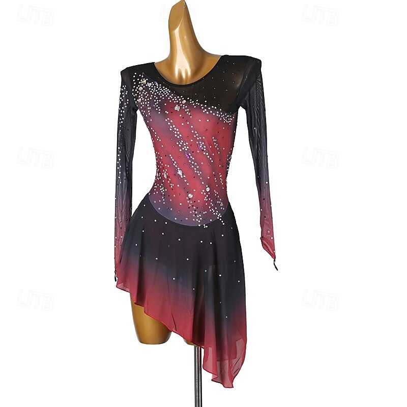 Figure Skating Dress Women's Girls' Ice Skating Dress Black+Red Patchwork Open Back Mesh Spandex High Elasticity Training Practice Professional Skating Wear Classic Crystal / Rhinestone Long Sleeve3