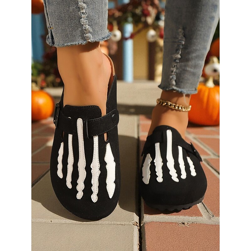 Women's Skeleton Footprint Slip-On Clogs – Halloween-Themed Black and White Mule Shoes with Bone Print Design, Casual and Comfortable for Fall Festivals and Spooky Season Outfits