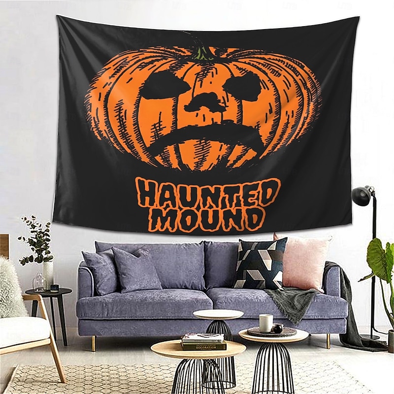 Haunted Mound Pumpkin Tapestry – Gothic Halloween Wall Hanging with Creepy Jack-O'-Lantern Face, Vintage Horror Decor for Bedroom, Living Room or Party Wall - Main Image
