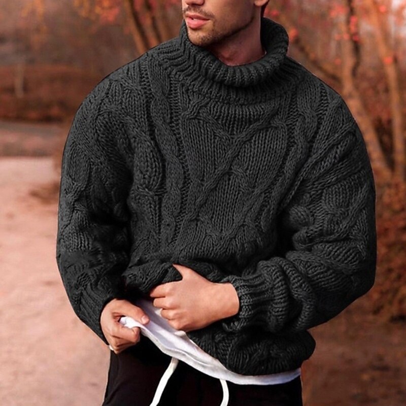 Men's Sweater Pullover Sweater Jumper Cable Knit Regular Tops Knitted Slim Fit Plain Turtleneck Knitwear Contemporary Casual Daily Wear Clothing Apparel Fall Winter Black Pink M L XL3