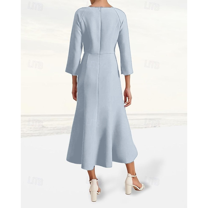 Tuxedo Dress Portrait Collar Mermaid / Trumpet Formal Satin Crepe Elegant Simple 3/4 Sleeve Pleated Tea Length V Neck2