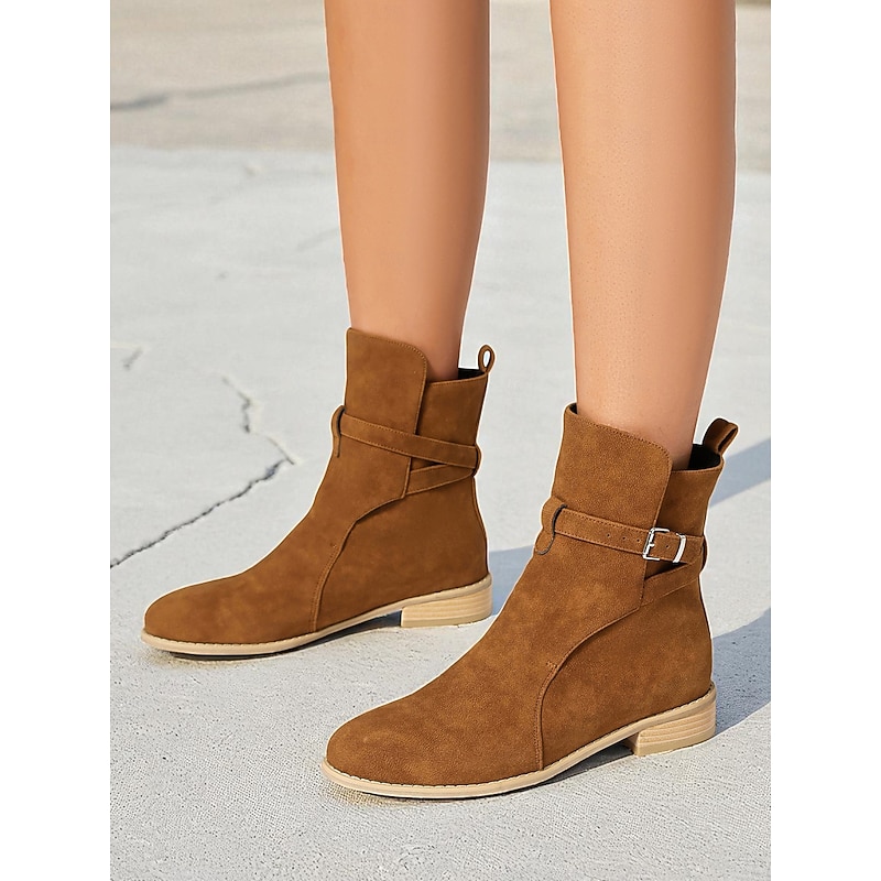Women's Dark Brown Ankle Boots – Classic Buckle Strap Flat Casual Boots for Fall Outfits, Shopping and Everyday Wear