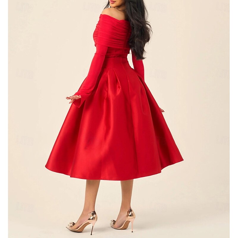 A-Line Cocktail Dresses Elegant Dress Formal Wedding Tea Length Midi Length Long Sleeve Off Shoulder Jersey with Satin Pleats 20253