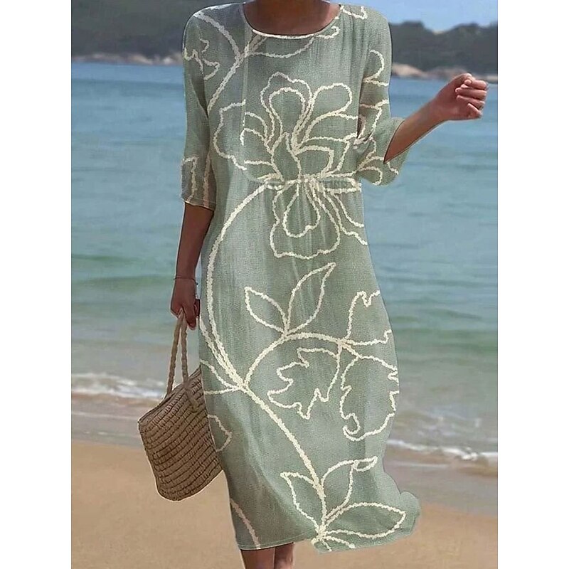 Women's Maxi Dress Kaftan 3/4 Length Sleeve Crew Neck Casual Dress A Line Dress Boho Loose Fit Floral Graphic V Neck White Yellow Light Green Green Spring Fall