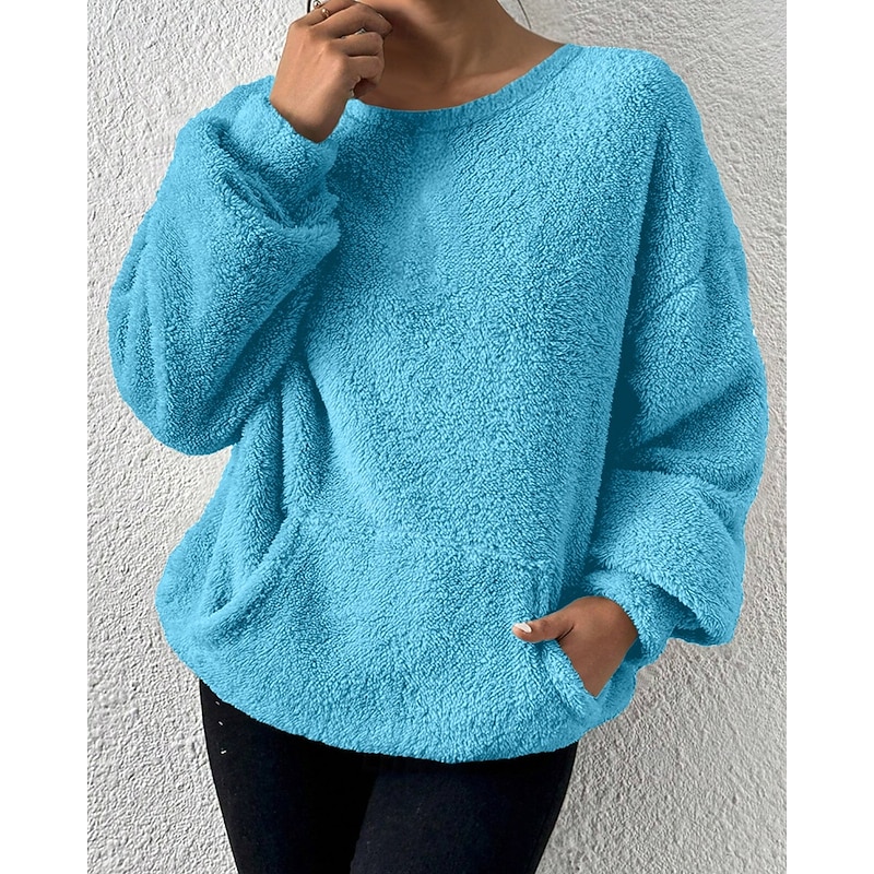 Women's Hoodies Plain Streetwear Casual Long Sleeve Crew Neck Regular Tops Street Holiday Pocket Blue Fall Winter2