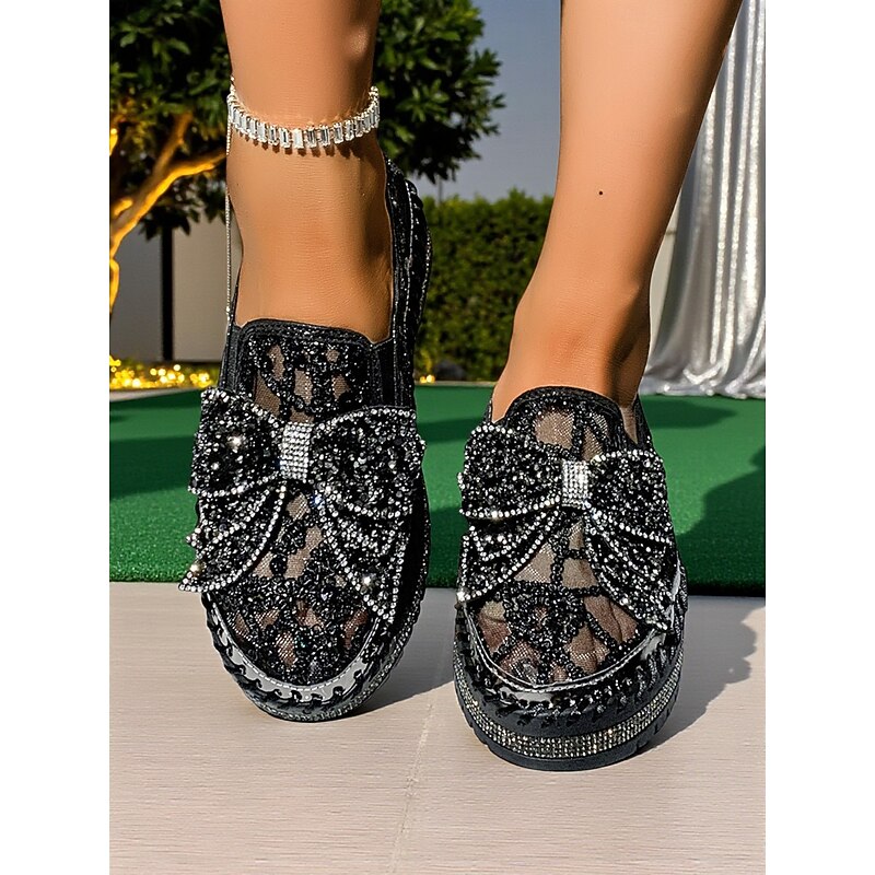 Women's Black Lace Slip-On Shoes with Rhinestone Bow Detailing - Glamorous Nightlife Party Footwear