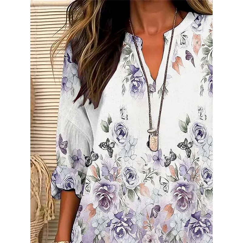 Women's Blouse Floral Graphic Vintage Daily Stylish Long Sleeve V Neck Notched Neck Regular Tops Daily Holiday Print Light Purple Violet Summer Spring Fall2