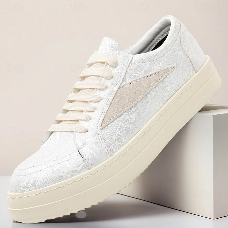 Men's White Lace-Up Casual Sneakers – Lightweight Textured Low-Top Shoes for Walking, Travel and Everyday Wear