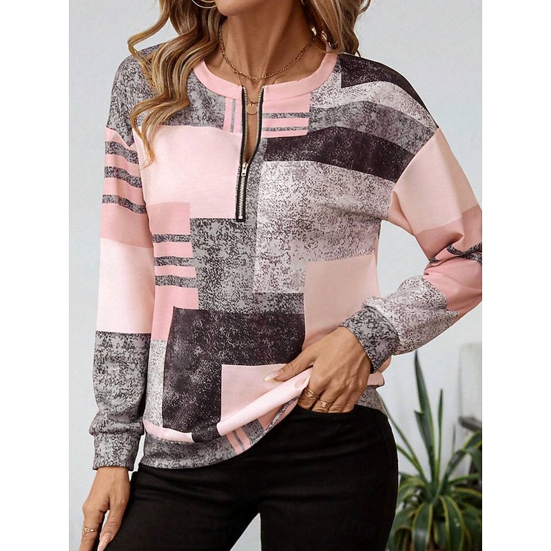 Women's Pullover Sweatshirt Zip Up Sweatshirts Graphic Geometric Fashion Casual Long Sleeve Crew Neck Round Neck Regular Tops Street Dailywear Zipper Print Light Pink Purple Fall Winter