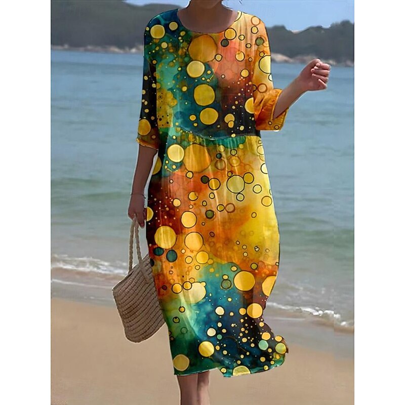 Women's Maxi Dress Kaftan 3/4 Length Sleeve Crew Neck Casual Shift Dress A Line Dress Dress Boho Daily Holiday Date Regular Fit Graphic Geometric Abstract Yellow Blue Green Spring