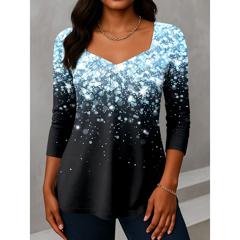 Women's T Shirt Ombre Graphic Vintage Fashion Stylish Long Sleeve V Neck Asymmetric Neck Regular Tops Daily Weekend Vacation Wear Buttons Print Pink Blue Purple Green Gray Summer Spring2